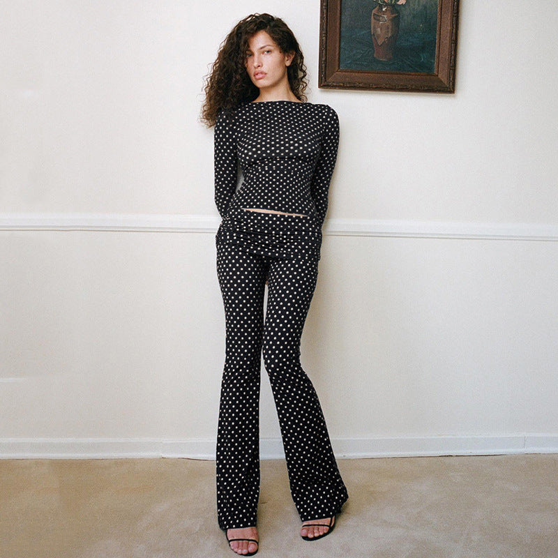 Black/White Long Sleeve Off-the-Shoulder Polka Dot Women's Shirt + Bootcut Leggings 2-Piece Set