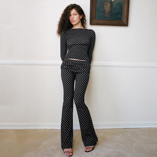 Black/White Long Sleeve Off-the-Shoulder Polka Dot Women's Shirt + Bootcut Leggings 2-Piece Set