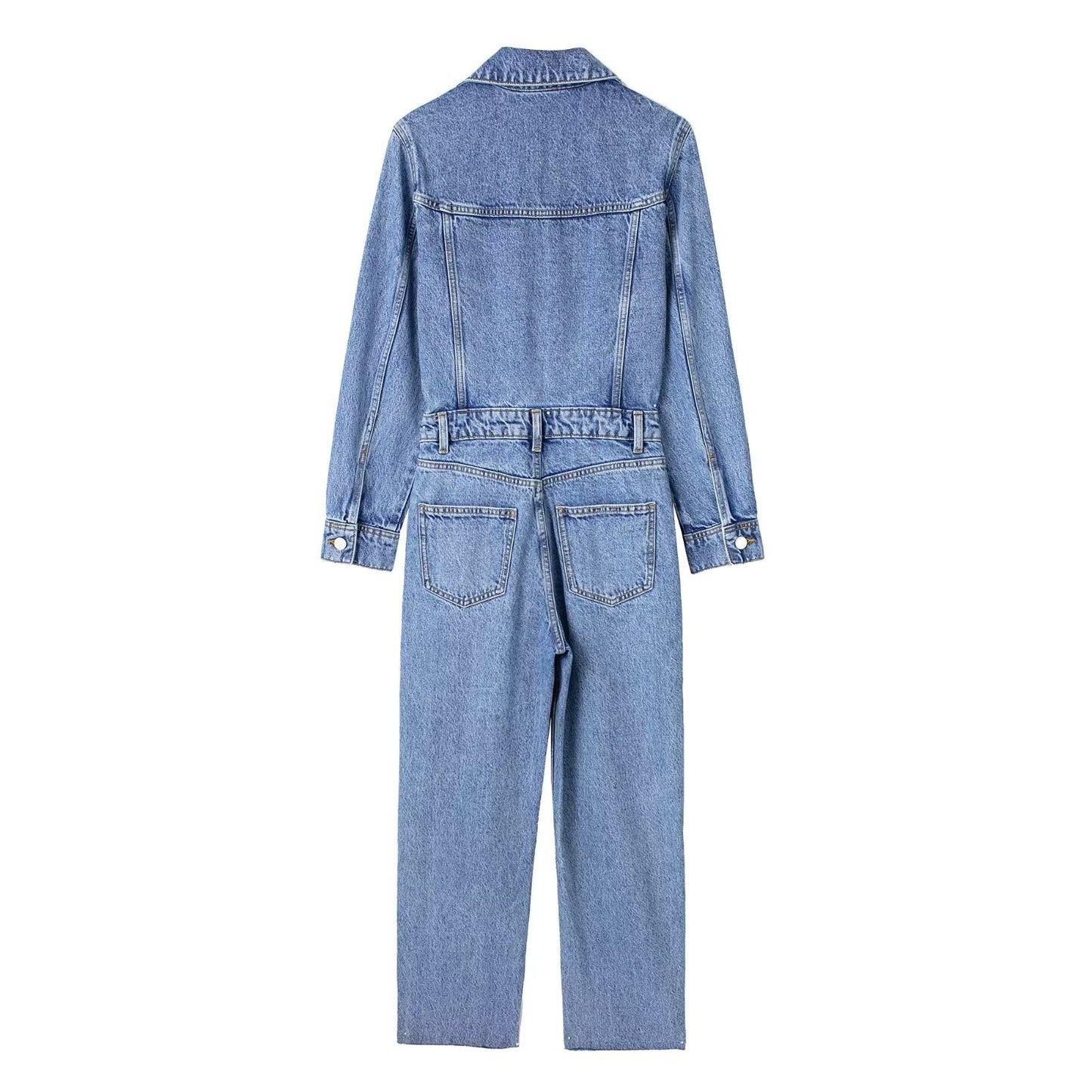 Denim Faded Blue Turn-Down Collar Button-Up Long Sleeve Straight Leg Jeans Jumpsuit