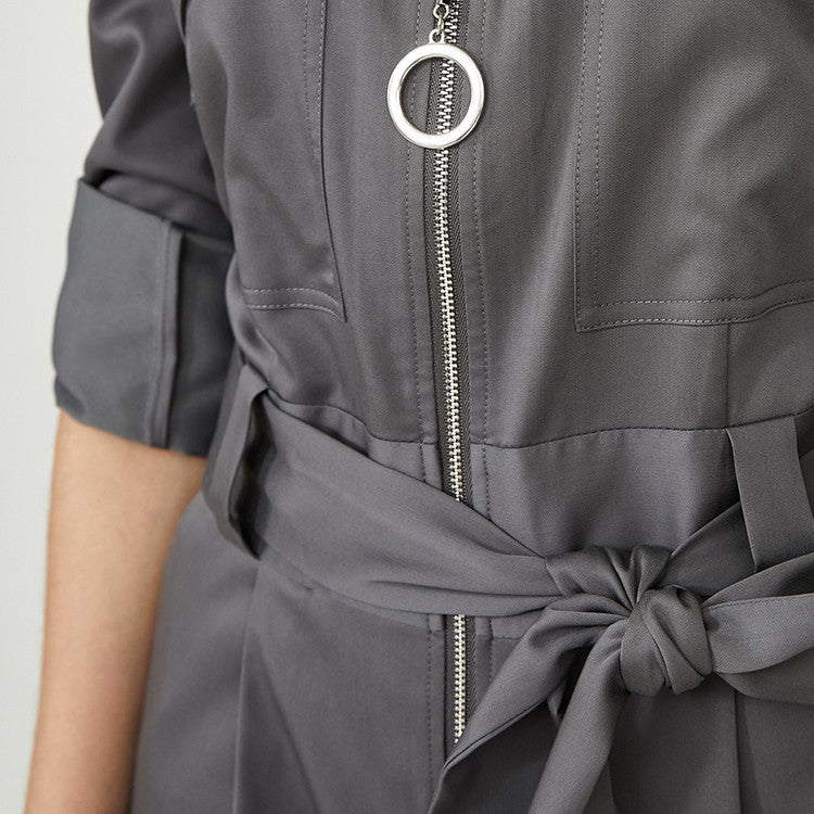 Rivet Turn-Down Collar Long Sleeve Skinny Solid Color Women's Zipper Jumpsuit w/ Sash Belt