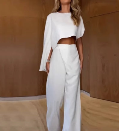 White Asymmetrical Women's One Sleeve Shirt + Pants 2-Piece Set