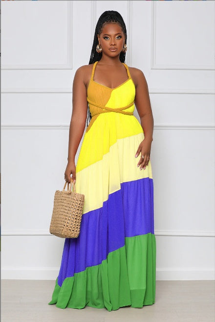 Chiffon Diagonal Colorblock Striped Print Spaghetti Strap V-Neck Maxi Sundress