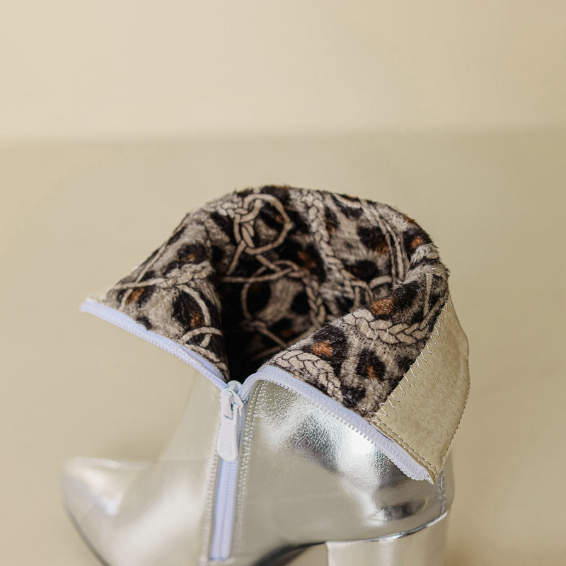 Metallic Silver/Gold Pointed Toe Thick Heel Women's Side Zipper Ankle Boots