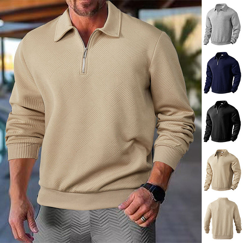 Men's Jacquard Turn-Down Collar Half Zipper Solid Color Long Sleeve Sweatshirt