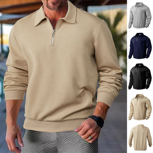 Men's Jacquard Turn-Down Collar Half Zipper Solid Color Long Sleeve Sweatshirt
