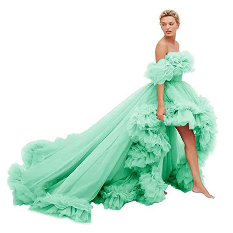 Oversized Ruffled High Low Tulle Off-the-Shoulder Long Tail Party/Prom/ Photoshoot Evening Gown Formal Dress