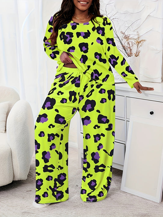 Leopard Print Women's Long Sleeve O-Neck T-Shirt & Lounge Pants Pajama 2-Piece Set