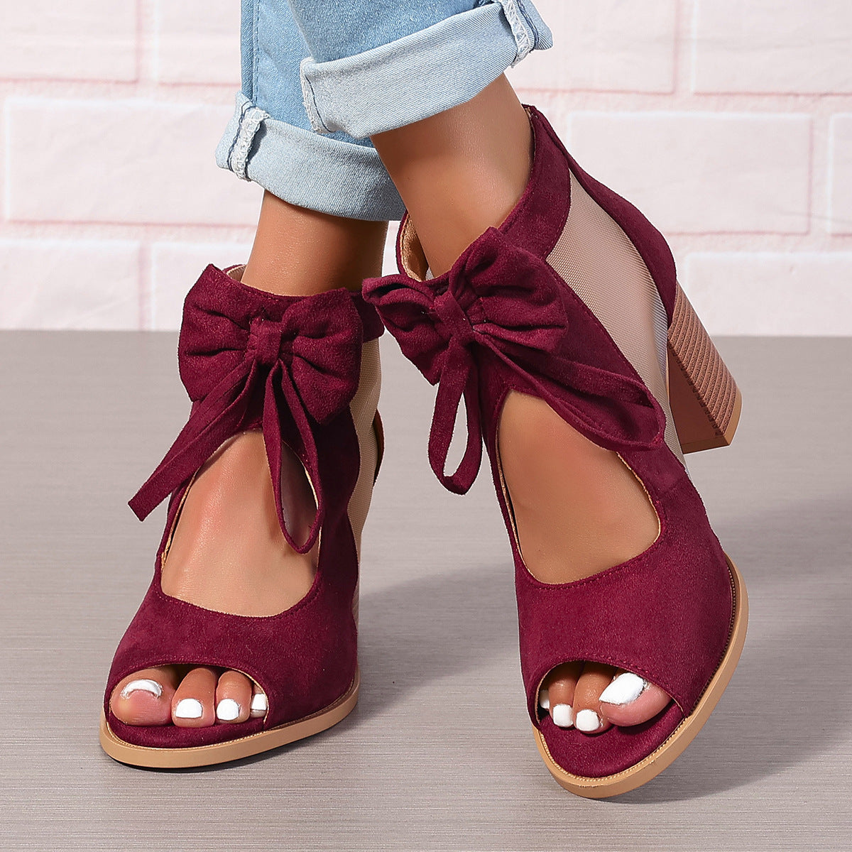 Bowknot Design Chunky Platform Heel Women's Hollow-Out Open Toe Ankle Strap Boots