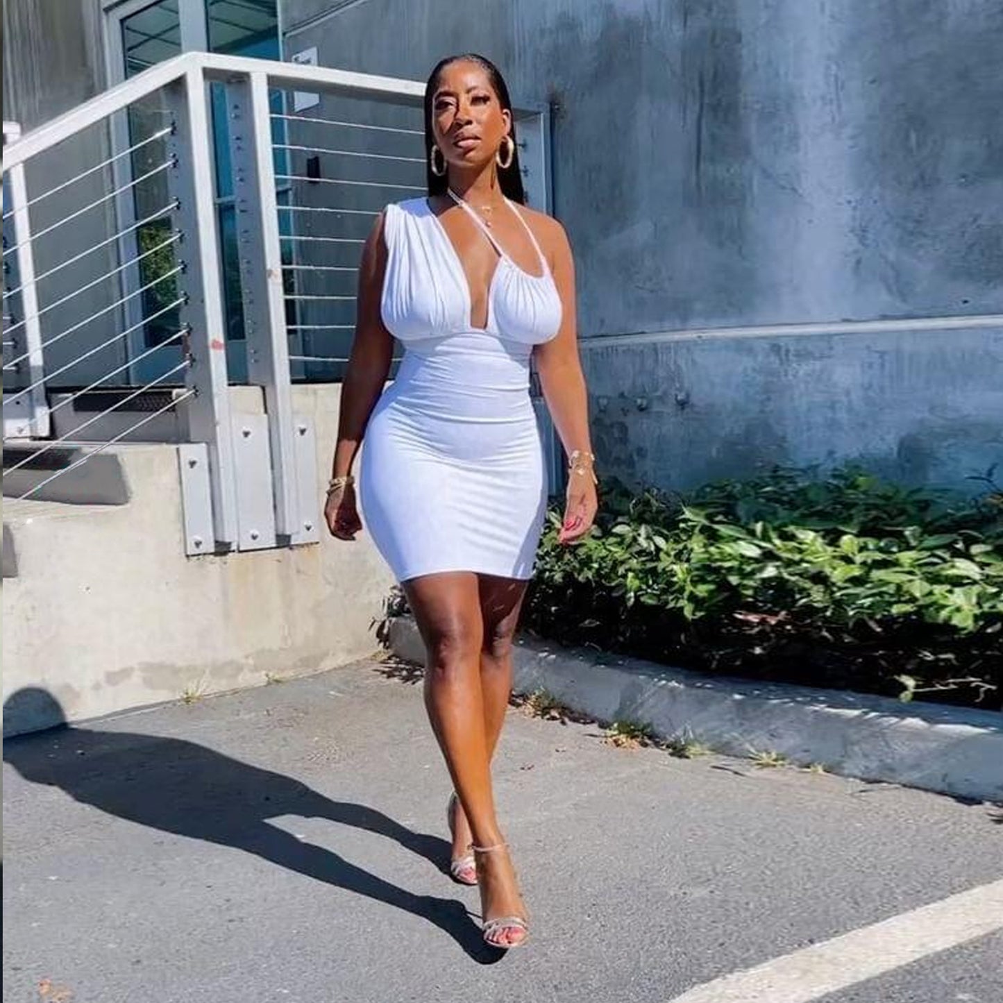 Sleeveless Ruched Cut-Out Irregular Solid Color Bodycon Mini Dress