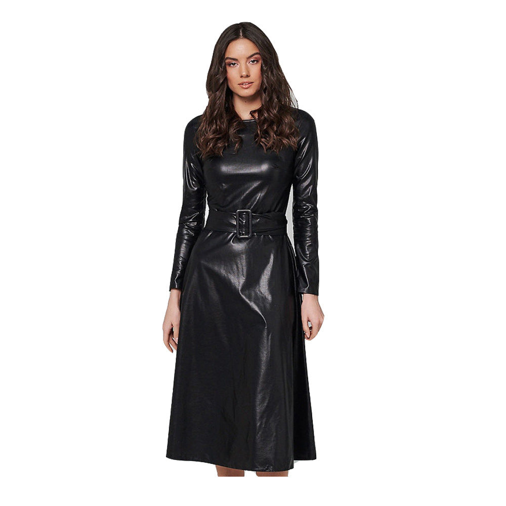 PU Leather O-Neck Solid Color Long Sleeve Flared Sash Belted Dress