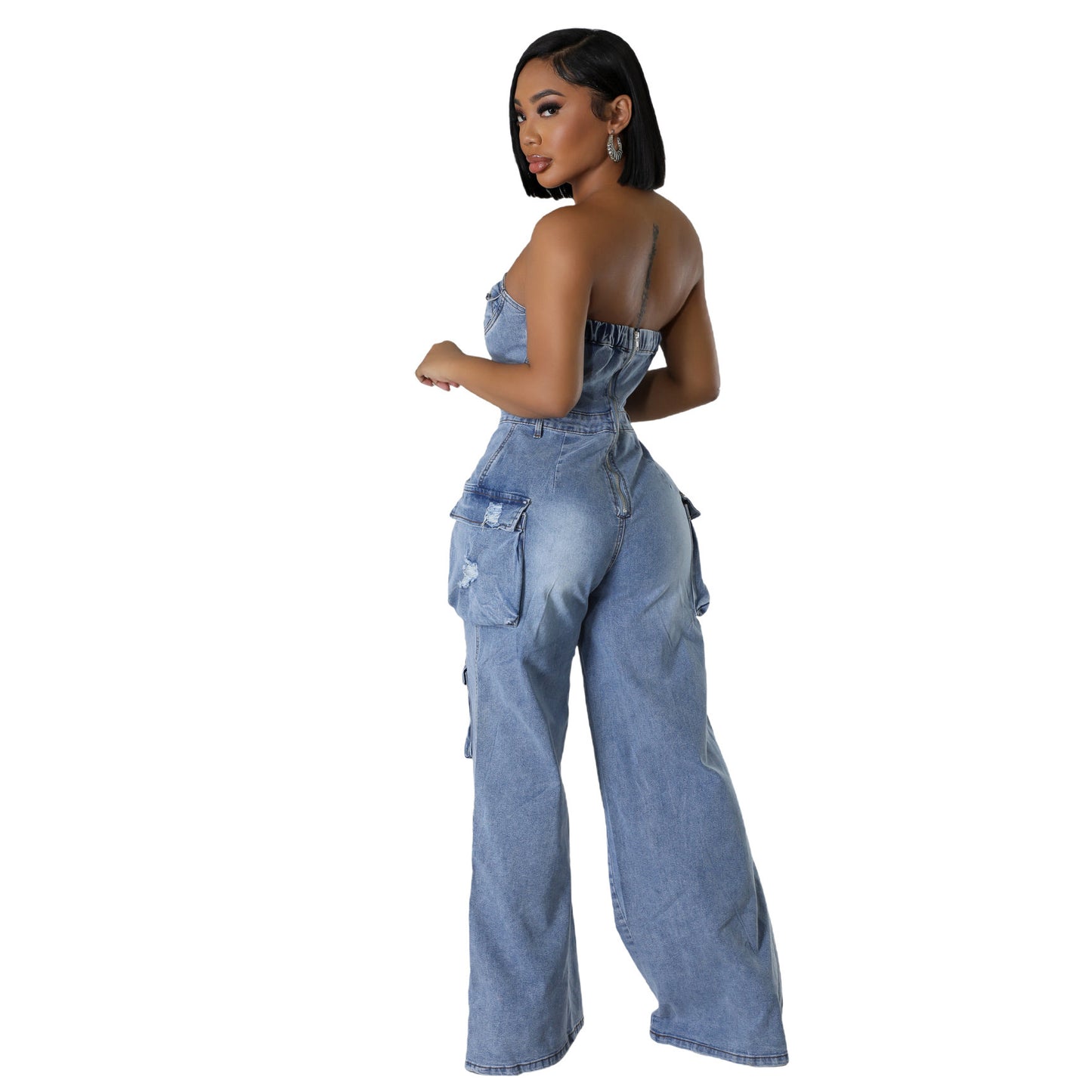 Denim Faded Washed Sleeveless Ripped Button-Up Women's Cargo Multi-Pocketed Tube Top Jeans Jumpsuit
