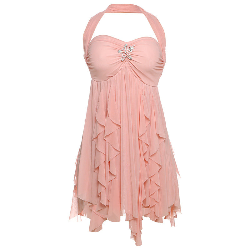 Halter Neck Backless  Printed Irregular Mesh Mini Dress