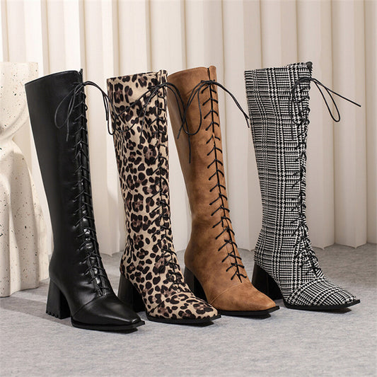 Leopard Print Boots With Pointed Toes And Thick Heels