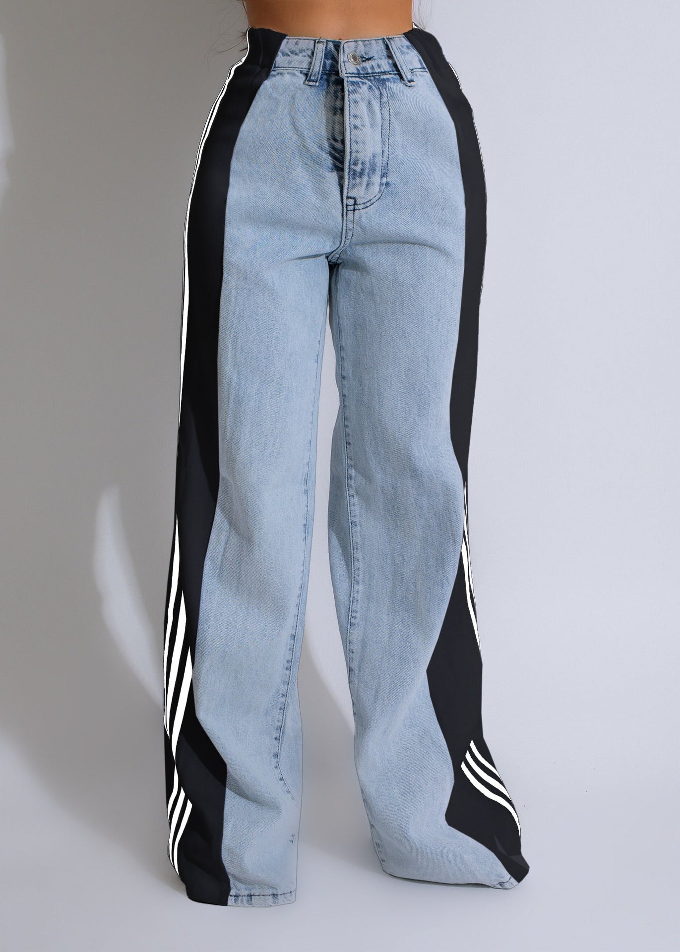 Side Striped Colorblock Denim Patchwork Wide Leg Streetwear Jeans