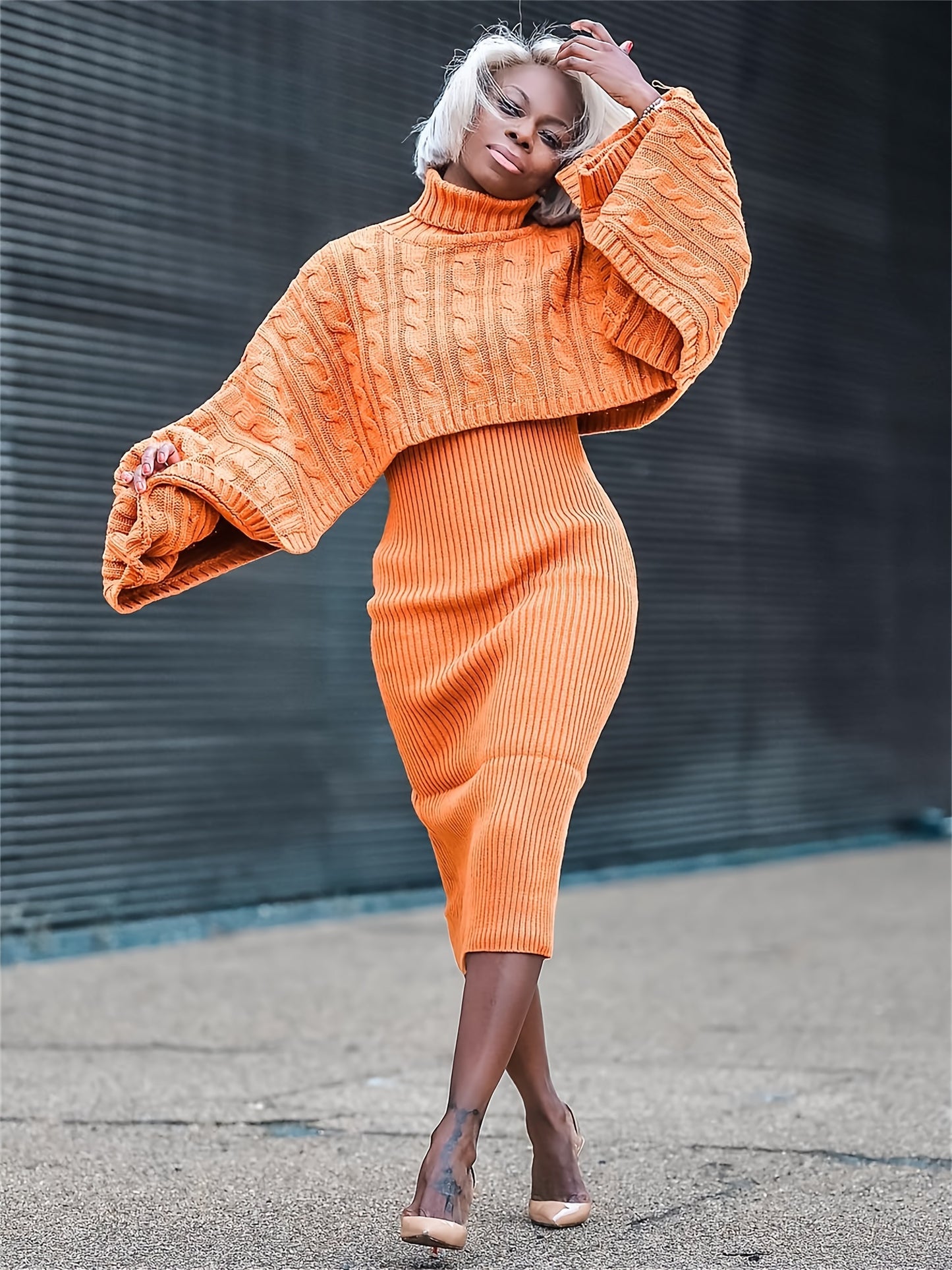 Turtleneck Knitted Weave Pattern Baggy Cape Sleeve Long Sleeve Sweater + Ribbed Tank Sweater Dress 2-Piece Set