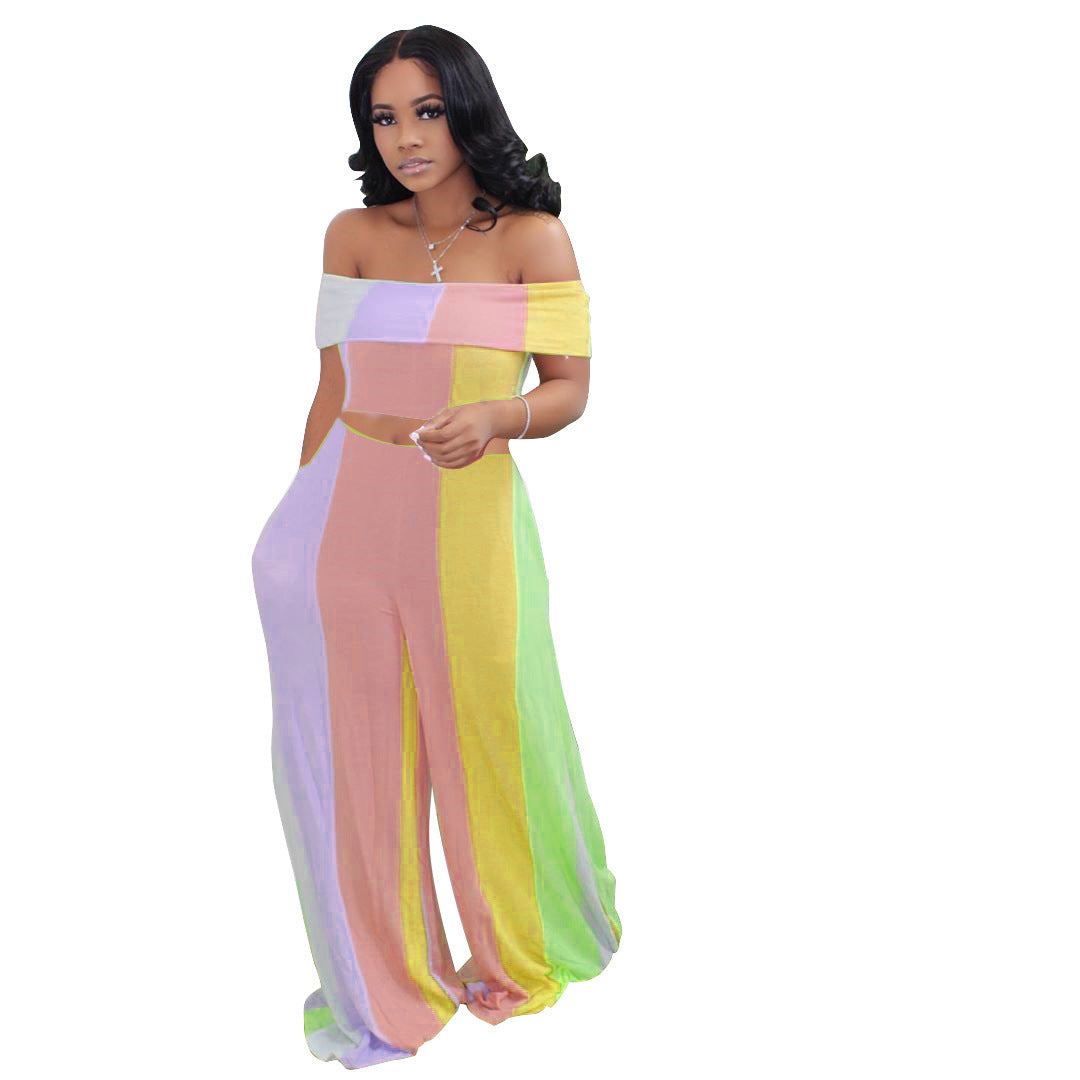 Pastel Striped Colorblock Women's Off-the-Shoulder Crop Top + Wide Leg Loose Leggings 2-Piece Set to 4X Plus Size