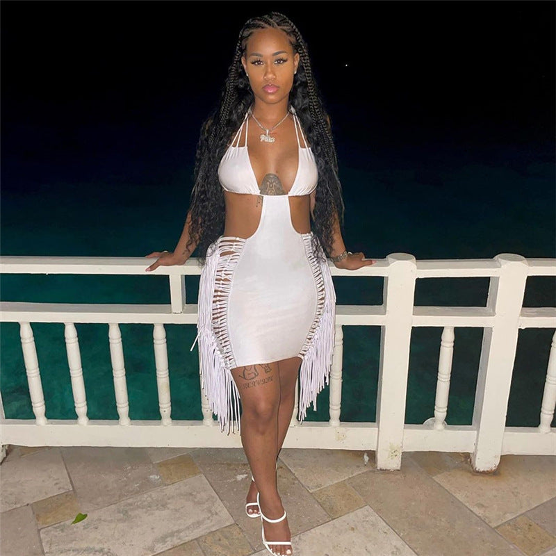 Sleeveless Tassel Fringe Design Halter Backless Hollow-Out Skinny Mini Dress