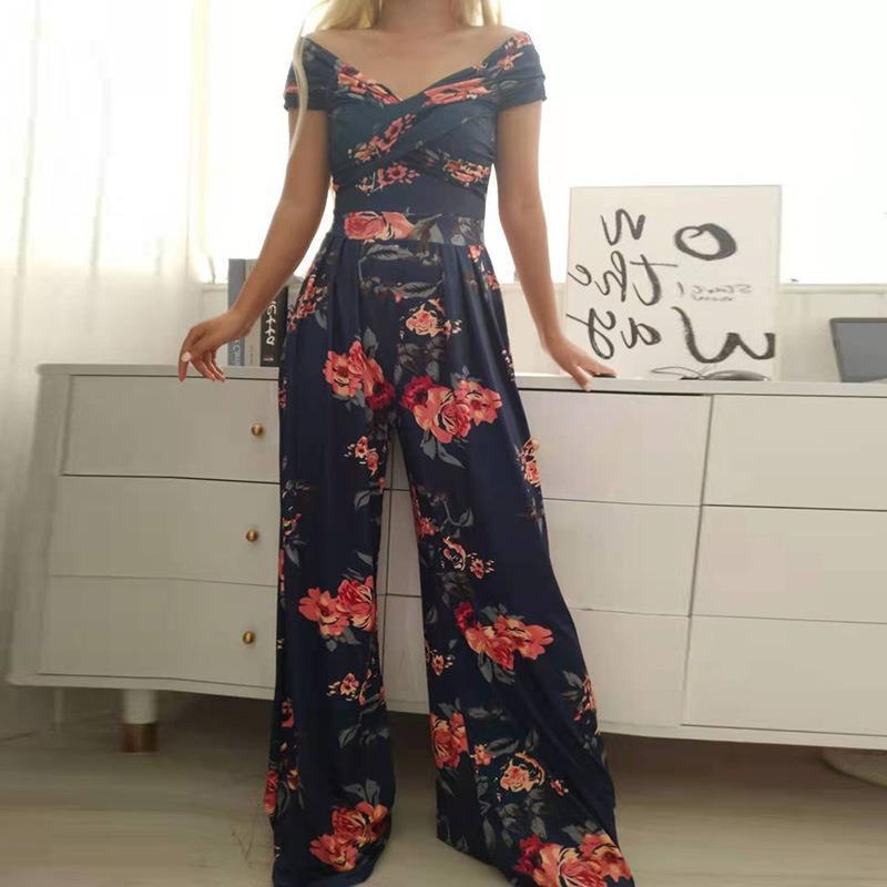 Striped/Floral Print Women's Off-the-Shoulder Temperament Casual High Waist Jumpsuit to 3X Plus Size