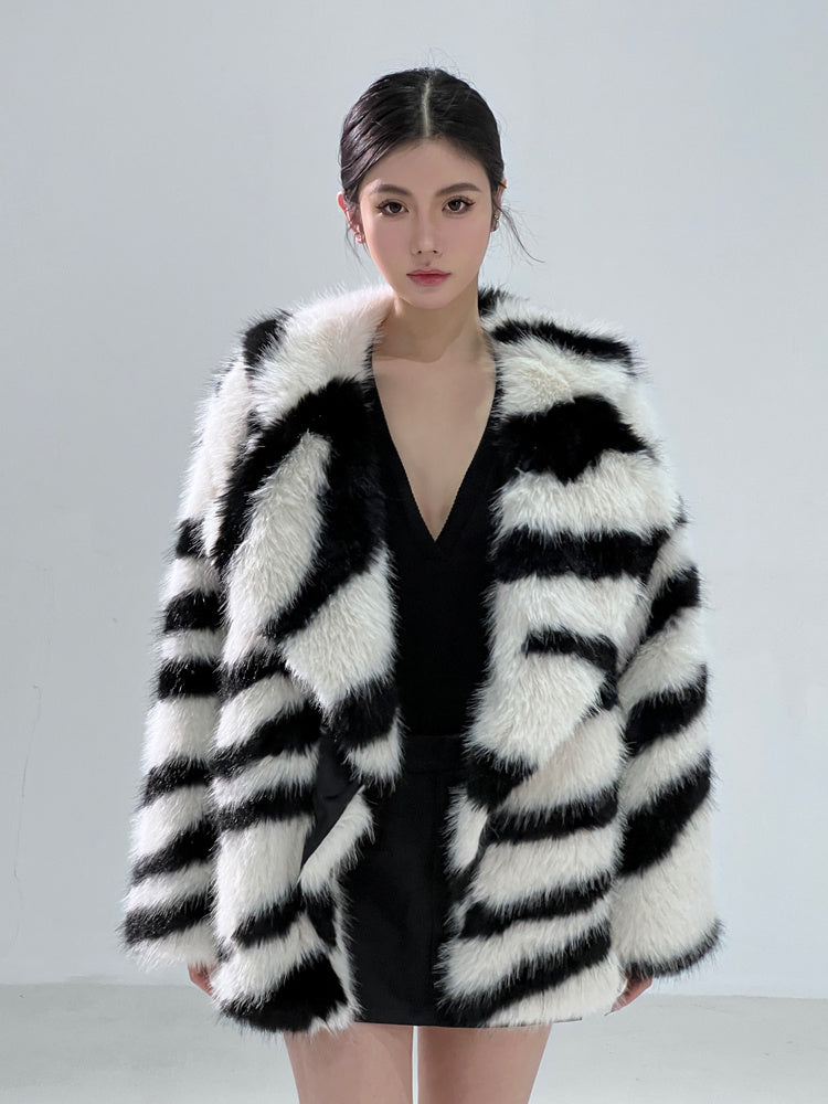 Faux Fur Black/White Zebra Print Turn-Down Collar Women's Jacket