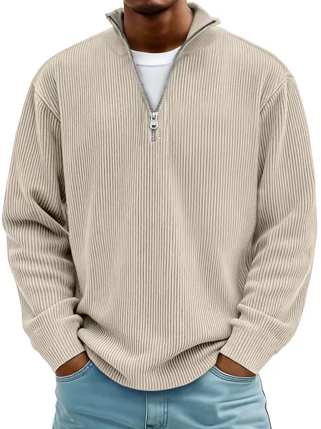 Men's Corduroy Stand Collar Solid Color Long Sleeve Quarter Zip Sweatshirt