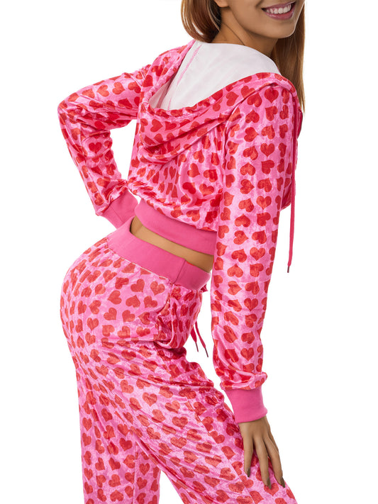Velvet Pink/Red Heart Print Women's Hoodie Zipper Sports Jacket + Drawstring Sweatpants Tracksuit