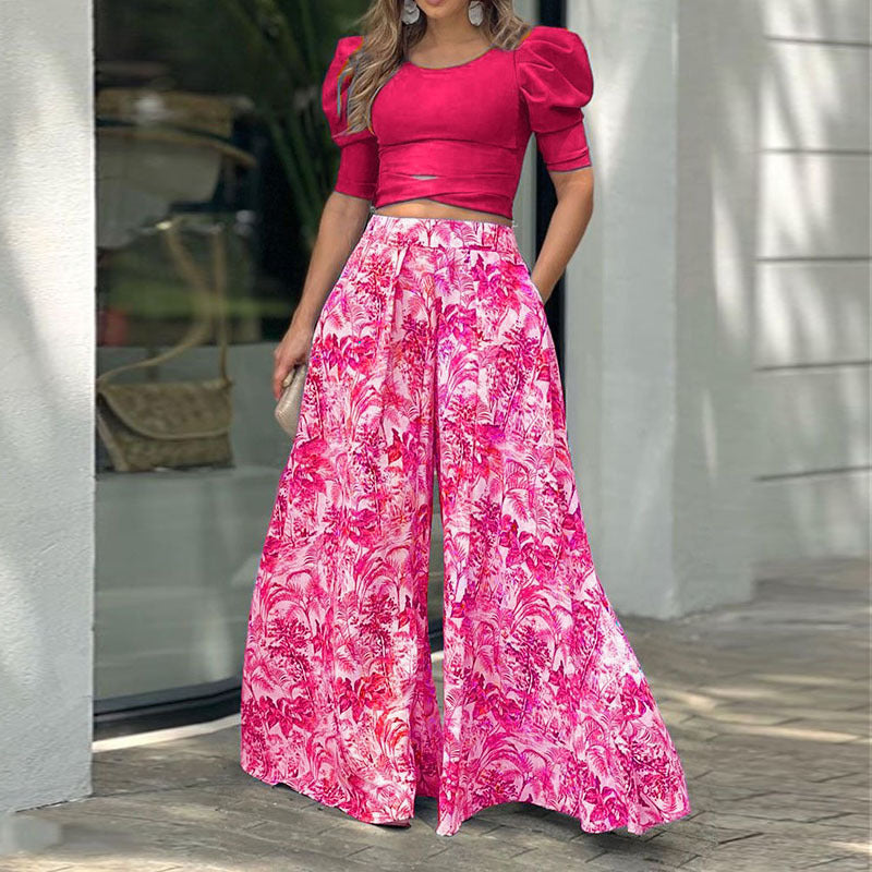 Puff Sleeve Cross Hem Solid Color Top  + Floral Print Wide Leg Pants Women's 2-Piece Sets to 3X Plus Size