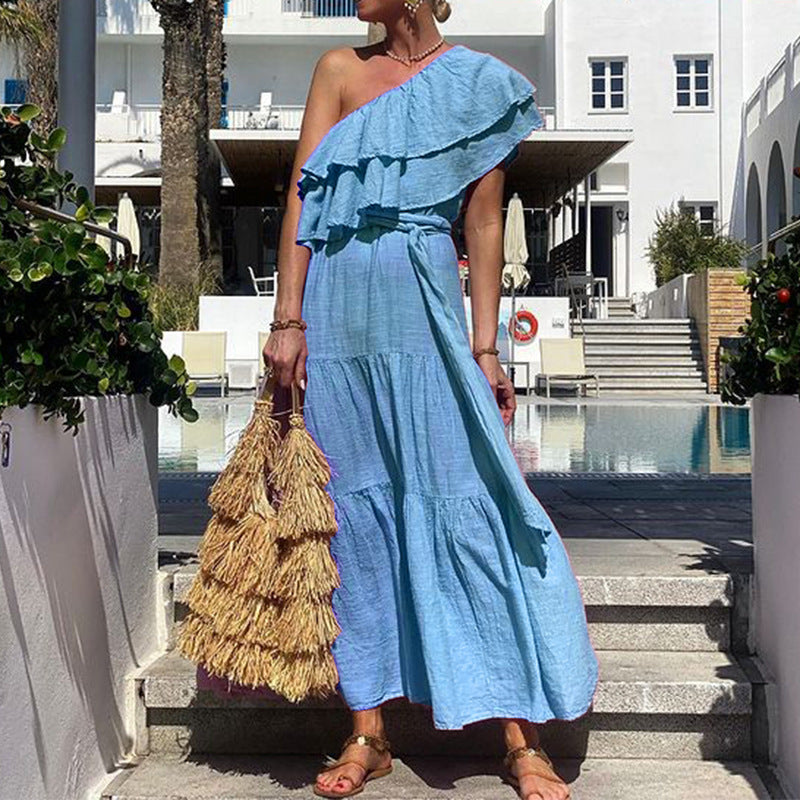 Ruffled Tiered Layered Solid Color Asymmetrical One Shoulder Cotton Linen Sash Belted Maxi Dress