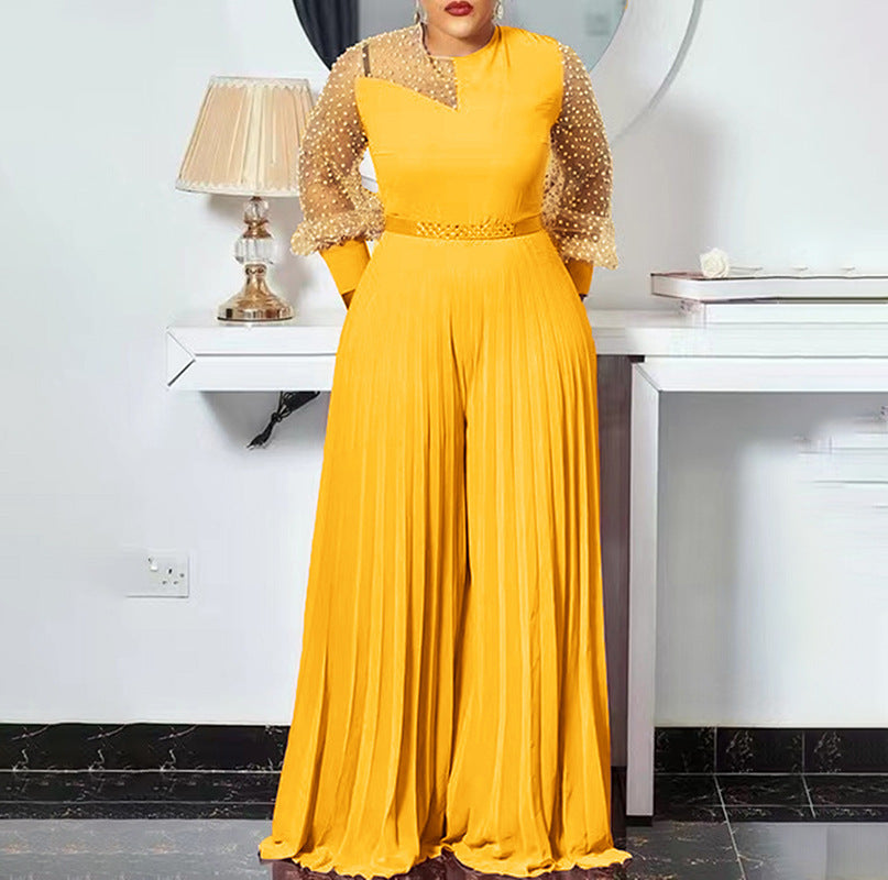 Pleated Sheer Pearl Embellished Transparent Wide Leg Pants Jumpsuit to 6X Plus Size