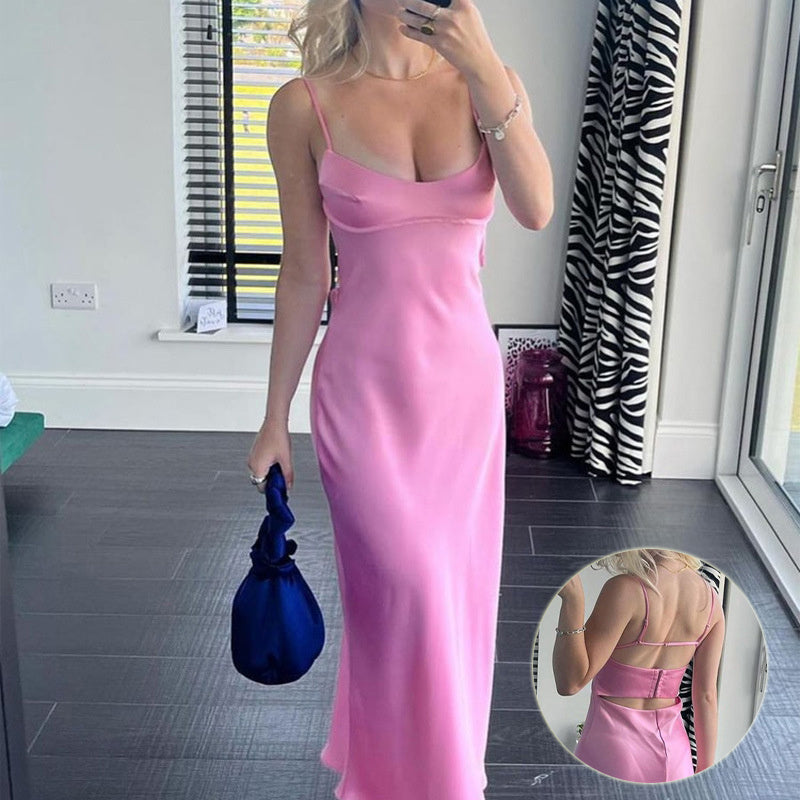 Pink Satin Solid Color Spaghetti Strap Maxi Formal Party Prom Dress