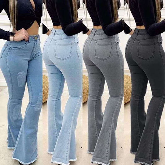 Denim Ripped Tassel Design Women's Elastic Wide Leg Bootcut Jeans