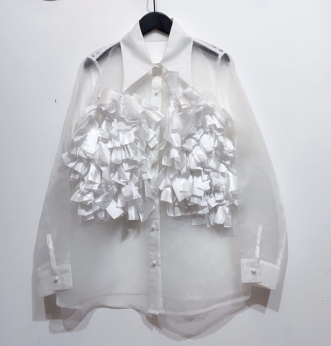 Big Flower Design Transparent Organza Women's Long Sleeve Dress Shirt