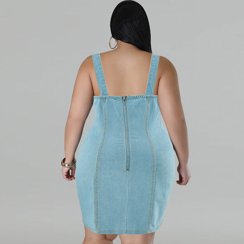 Baby Blue Denim Tassel Fringe Hem Sleeveless Mini Jean Dress to 5X Plus Size