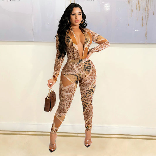 Tan/Brown Baroque Leopard Patchwork Print Long Sleeve Open Deep V-Neck Women's Bodysuit + Skin Tight Leggings 2-Piece Set