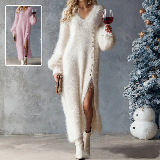 Fuzzy Knitted Button Design V-Neck Fleece Maxi Sweater Dress to 3X Plus Size
