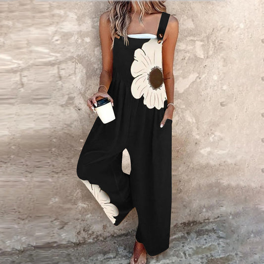 Big Flower Print Sleeveless Loose Women's Wide Leg Overall Jumpsuit