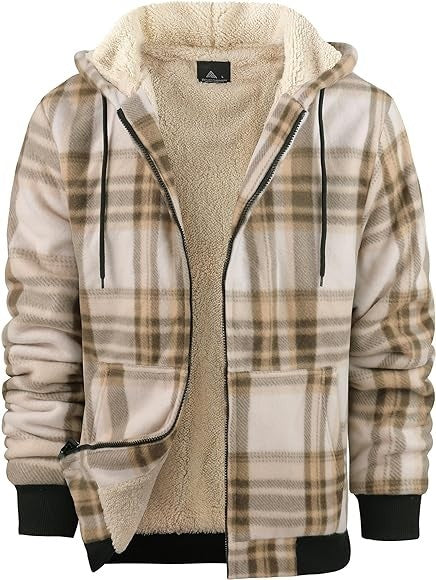 Men's Plaid Print Fleece Lined Hoodie Zipper Jacket
