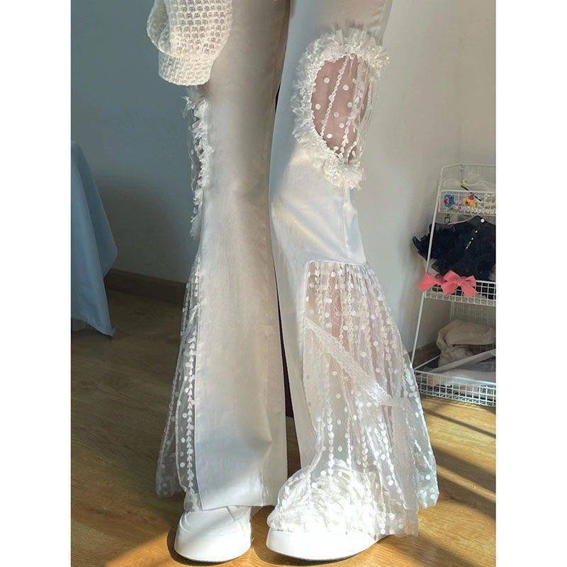 White Mesh Sheer Hollow-Out Transparent Patchwork Waist Micro Flare Women's Pants