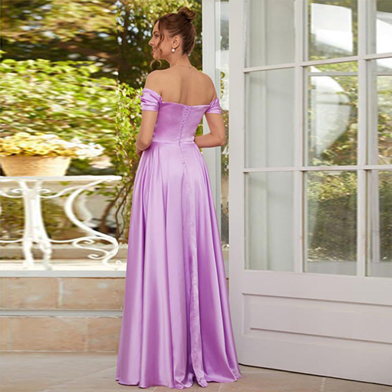 Off-the-Shoulder Corset Design Cinched Waist Solid Color Temperament Bridesmaid/Party Formal Maxi Dress