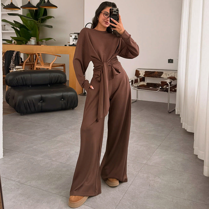 Lace-Up Sash Belted Solid Color Long Sleeve Women's Wide Leg Jumpsuit