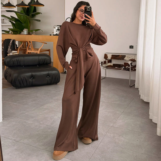 Lace-Up Sash Belted Solid Color Long Sleeve Women's Wide Leg Jumpsuit