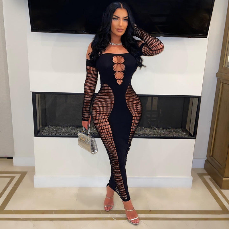 Sexy Lace-Up Solid Color Off-the-Shoulder Long Sleeve Hollow-Out Skinny Knitted Swimsuit Cover-Up/Maxi Dress