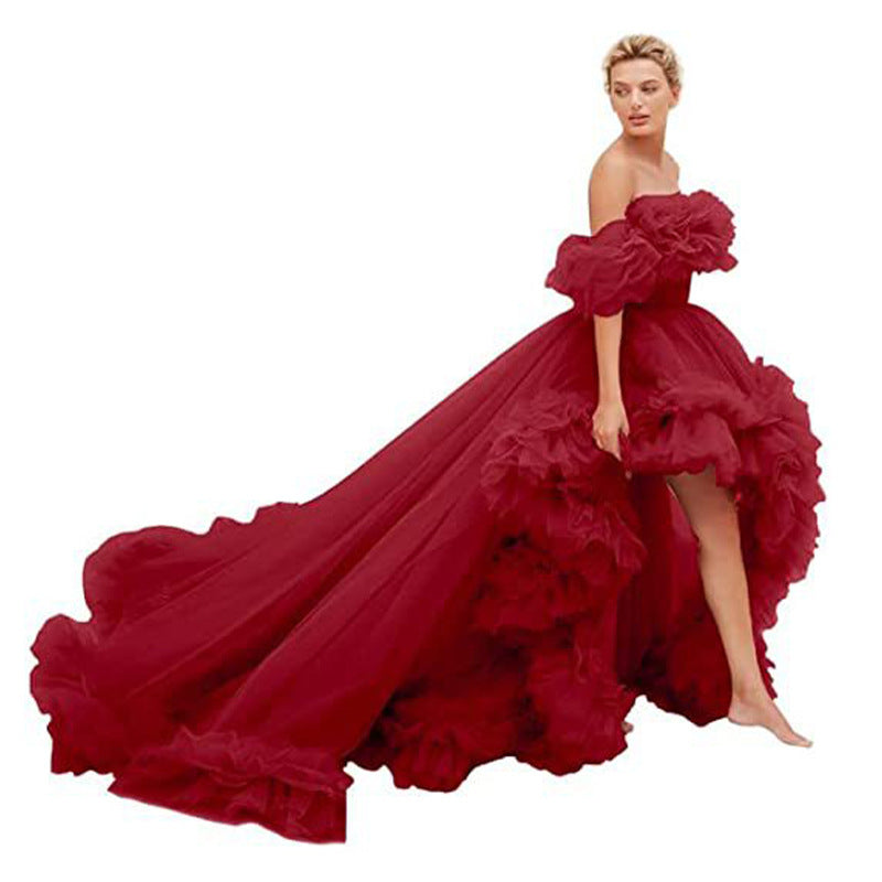 Oversized Ruffled High Low Tulle Off-the-Shoulder Long Tail Party/Prom/ Photoshoot Evening Gown Formal Dress