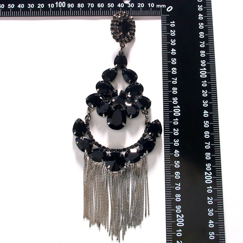 Oversized Black Metal Tassel Fringe Earrings