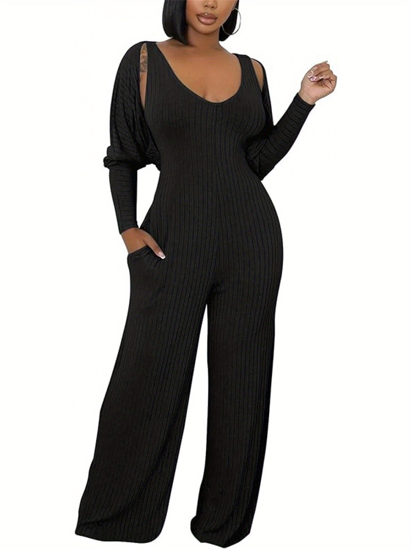 Ribbed Knitted Solid Color Batwing Sleeve Blazer + U-Neck Women's Sleeveless Jumpsuit 2-Piece Set