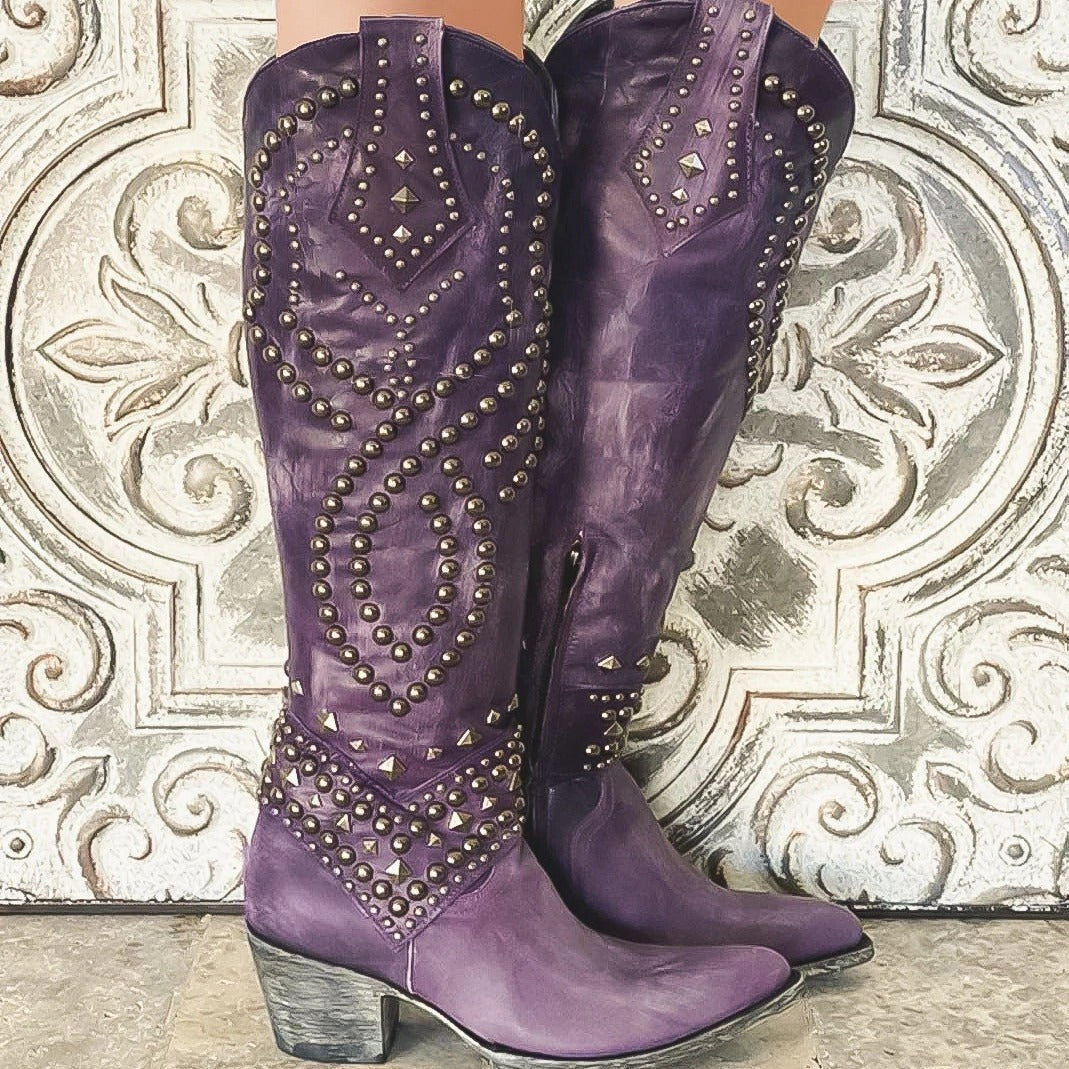 Western Rivet Stud Design Women's Chunky Heel Knee-High Cowgirl Boots