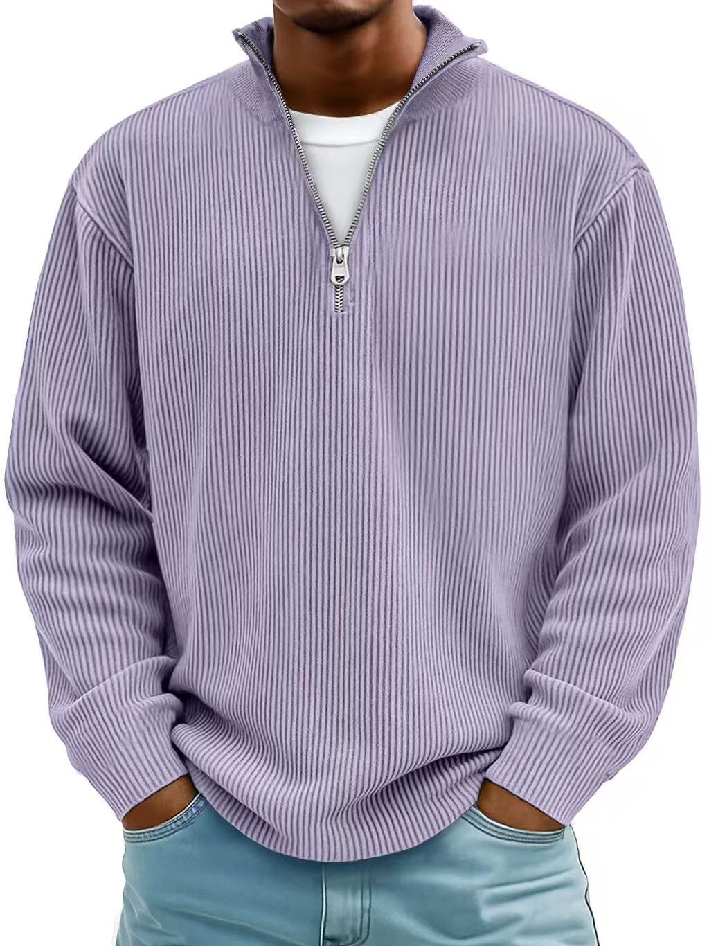 Men's Corduroy Stand Collar Solid Color Long Sleeve Quarter Zip Sweatshirt