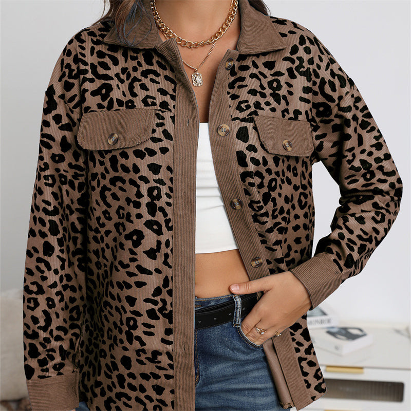 Leopard Print Double Pocket Design Long Sleeve Women's Turn-Down Collar Jacket to 3X Plus Size