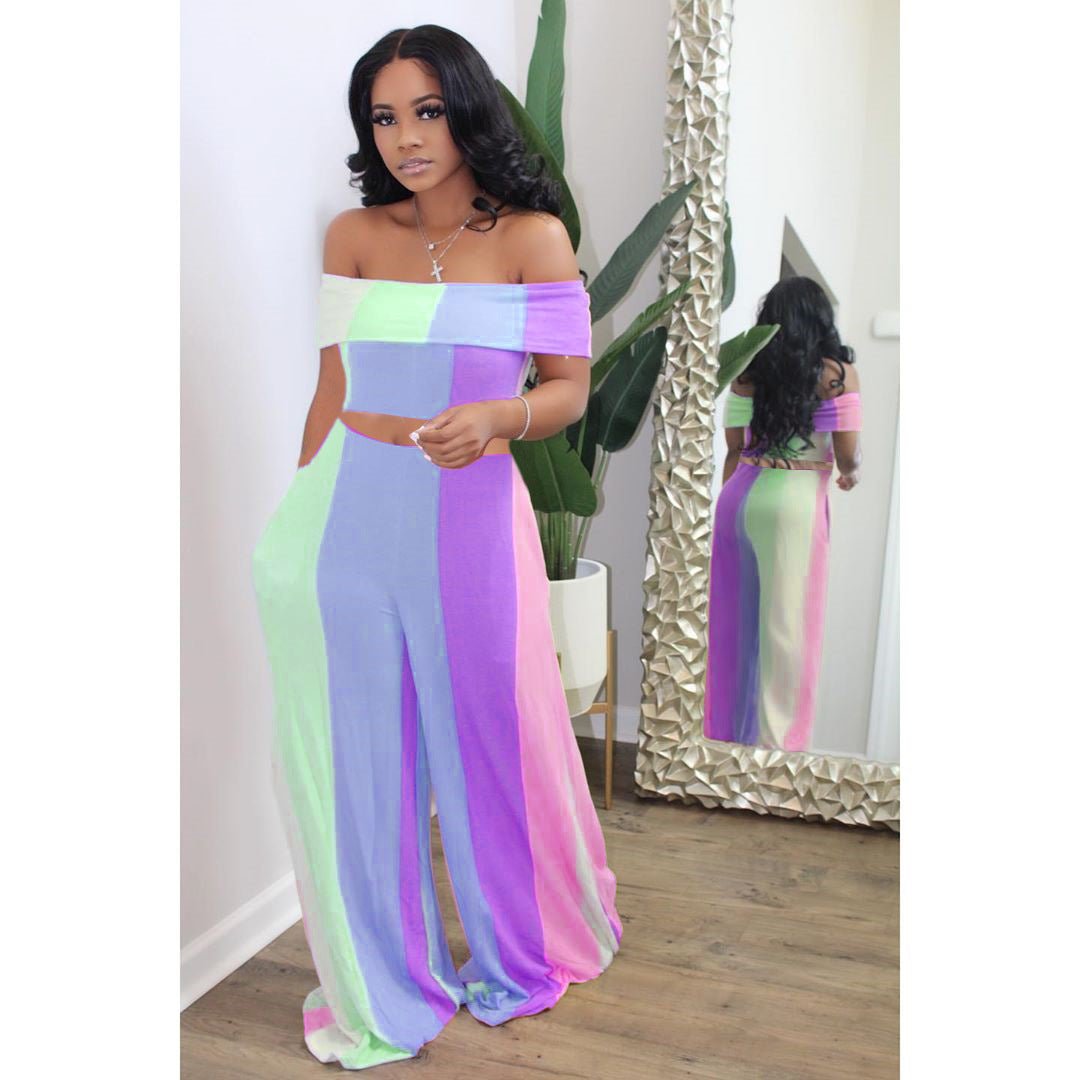 Pastel Striped Colorblock Women's Off-the-Shoulder Crop Top + Wide Leg Loose Leggings 2-Piece Set to 4X Plus Size