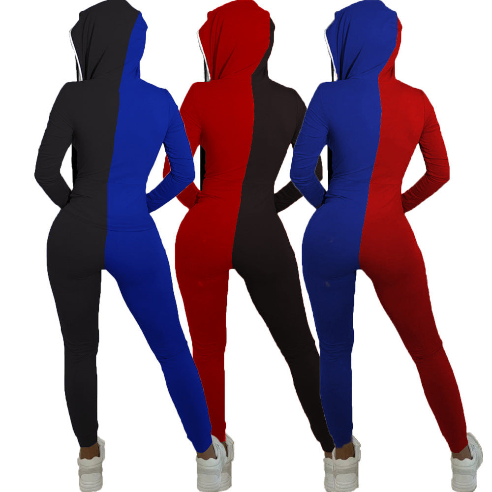 Colorblock 2-Tone Women's Fitness Long Sleeve Zipper Hoodie Jumpsuit