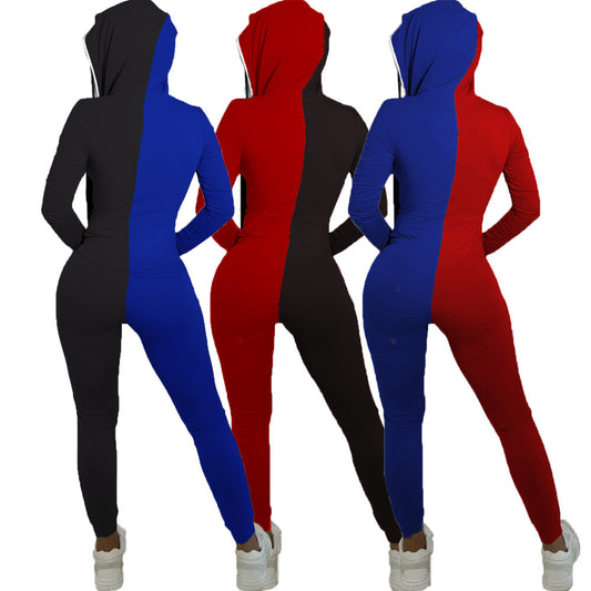 Colorblock 2-Tone Women's Fitness Long Sleeve Zipper Hoodie Jumpsuit